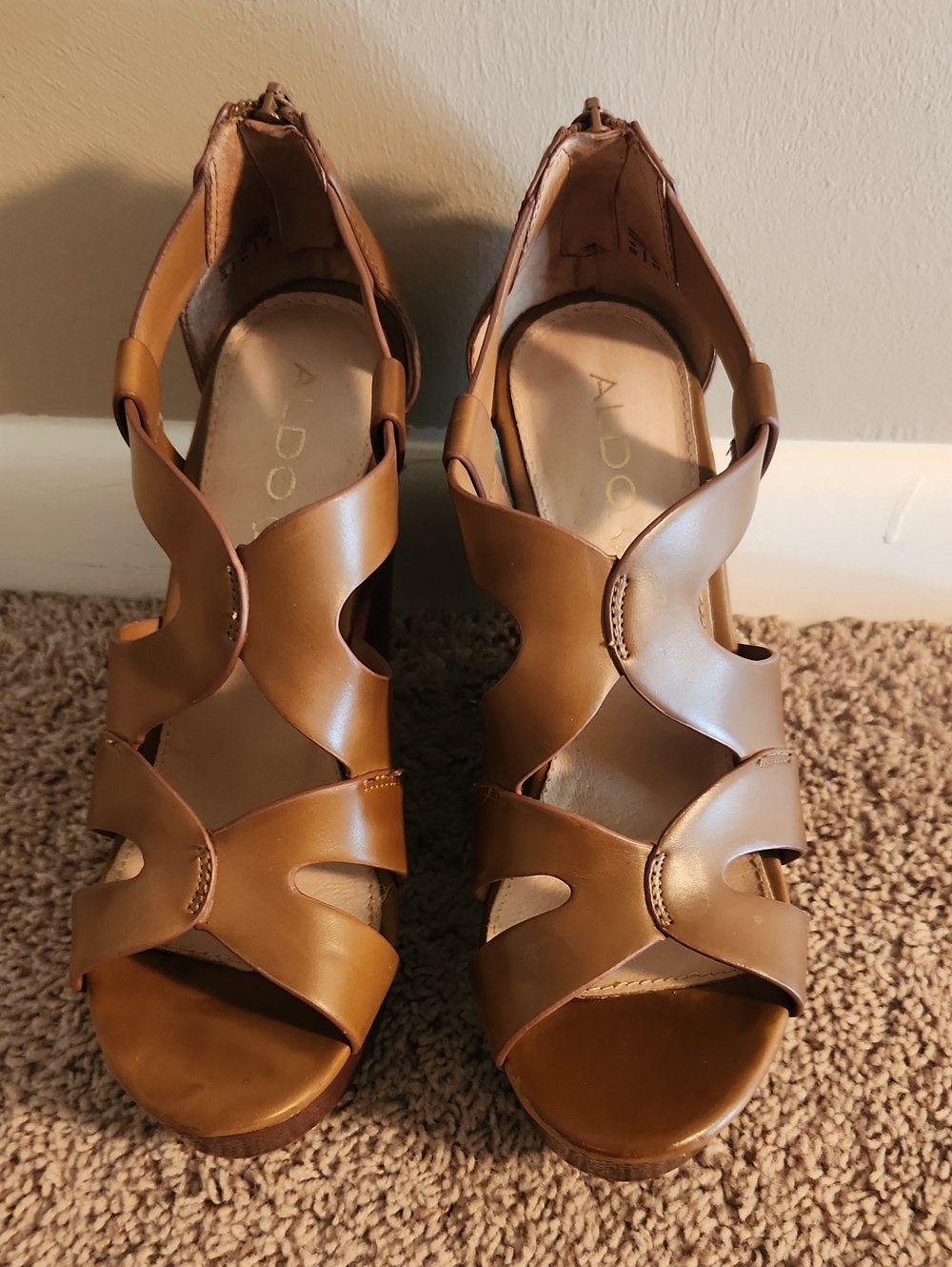 ALDO Brown Leather Strappy Wedge Sandals